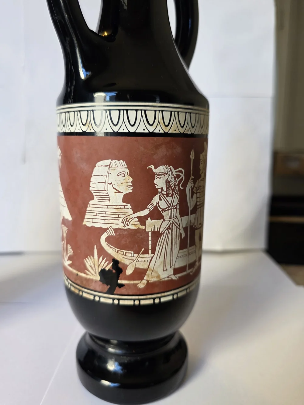 Vintage 1962 Jim Beam Egyptian Cleopatra Decanter Pair Black Ceramic Urns